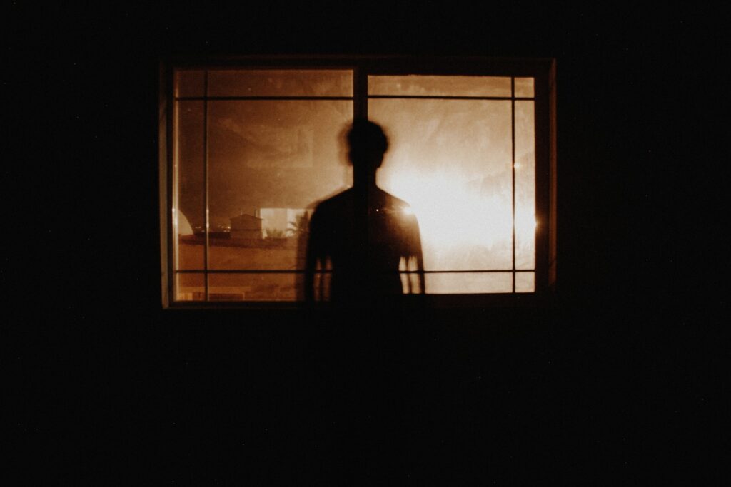 silhouette photography of person in front of window